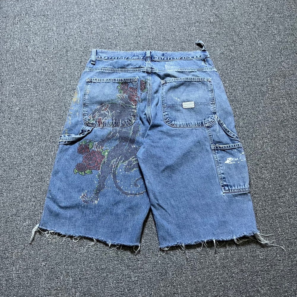 Vintage Gap Carpenter Shorts Blue Rhinestone Panther Distressed Paint Y2K 90s